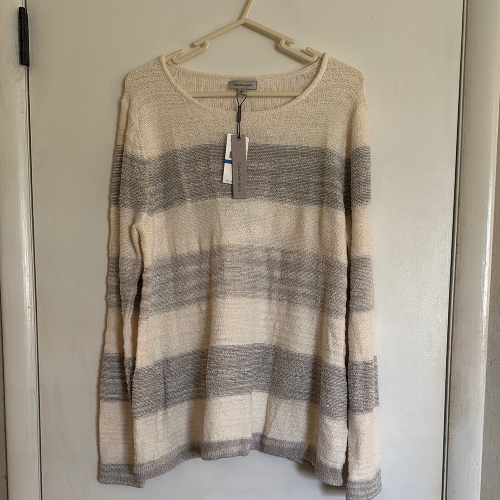 Calvin Klein Cozy Cream and Gray Striped Sweater NWT